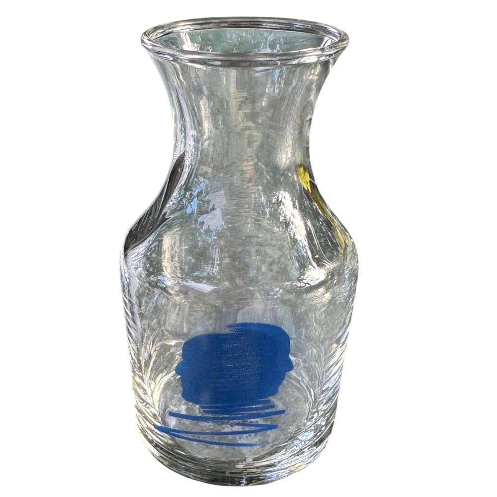 Vintage Clear Glass Carafe Bud Vase Blue Face Profiles Graphic Small Decanter